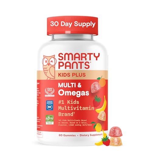 SmartyPants Kinder Multivitamin Gummis mit Omega 3 DHA/EPA, Vitaminen D3, C, B12, B6, A, K und Zink, glutenfrei, Clean Label, drei Fruchtgeschmacksrichtungen, 60 Gummis (30-Tage-Versorgung)