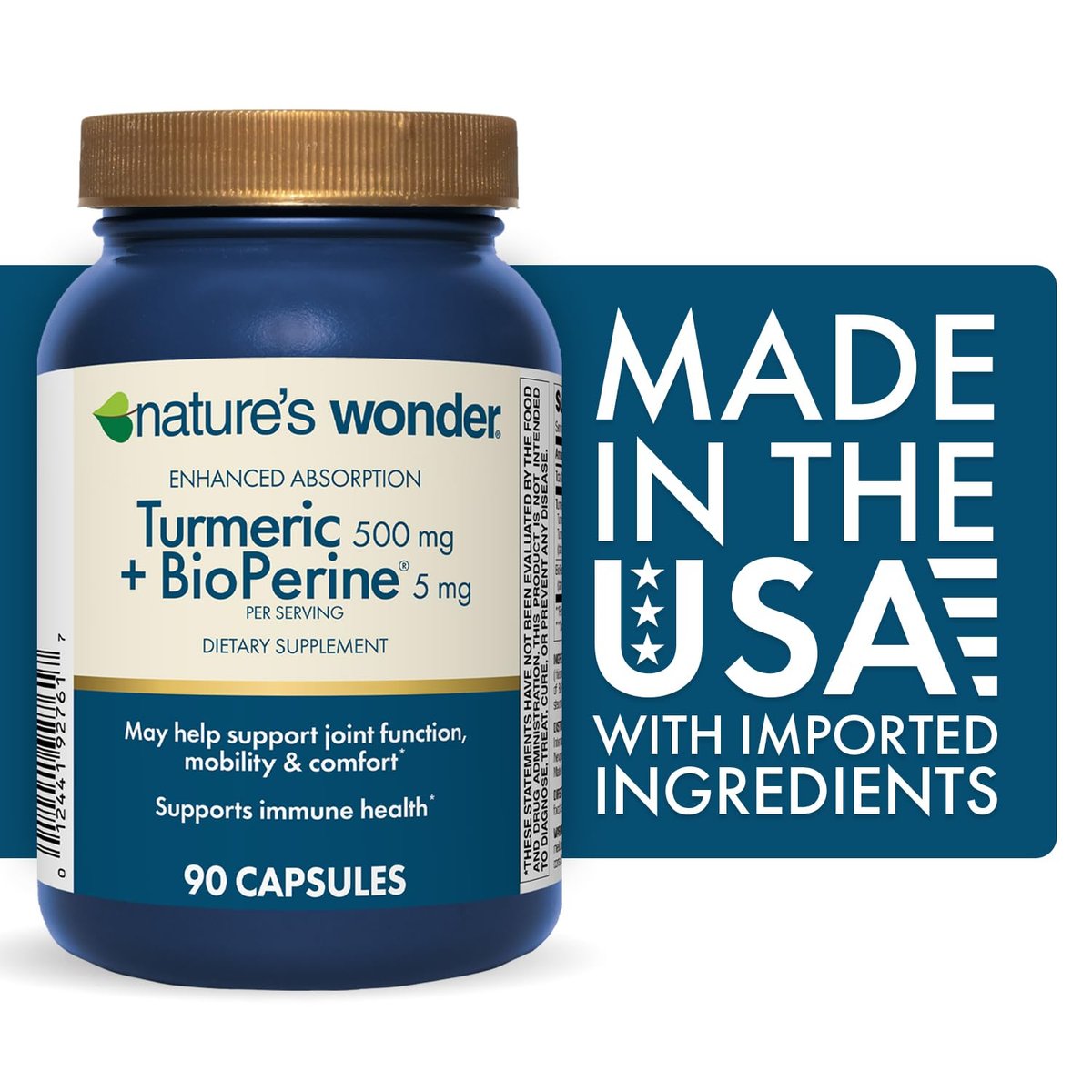 Nature's Wonder Kurkuma Komplex mit BioPerine - 500mg Kurkuma + 5mg BioPerin für Gelenkfunktion, Mobilität und Wohlbefinden, 90 vegane Kapseln