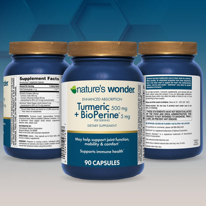 Nature's Wonder Kurkuma Komplex mit BioPerine - 500mg Kurkuma + 5mg BioPerin für Gelenkfunktion, Mobilität und Wohlbefinden, 90 vegane Kapseln