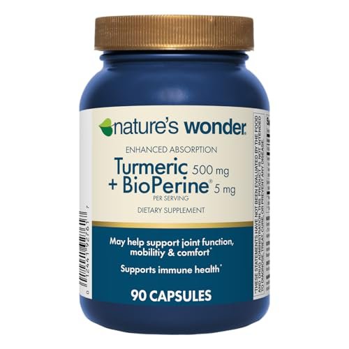 Nature's Wonder Kurkuma Komplex mit BioPerine - 500mg Kurkuma + 5mg BioPerin für Gelenkfunktion, Mobilität und Wohlbefinden, 90 vegane Kapseln