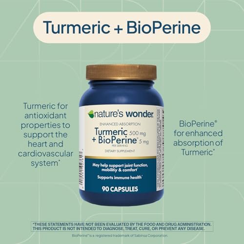 Nature's Wonder Kurkuma Komplex mit BioPerine - 500mg Kurkuma + 5mg BioPerin für Gelenkfunktion, Mobilität und Wohlbefinden, 90 vegane Kapseln