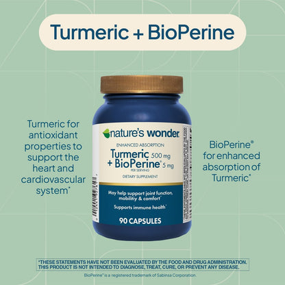 Nature's Wonder Kurkuma Komplex mit BioPerine - 500mg Kurkuma + 5mg BioPerin für Gelenkfunktion, Mobilität und Wohlbefinden, 90 vegane Kapseln