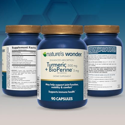 Nature's Wonder Kurkuma Komplex mit BioPerine - 500mg Kurkuma + 5mg BioPerin für Gelenkfunktion, Mobilität und Wohlbefinden, 90 vegane Kapseln