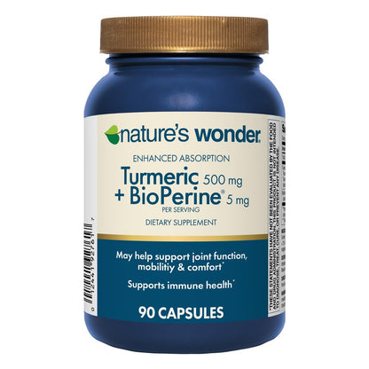 Nature's Wonder Kurkuma Komplex mit BioPerine - 500mg Kurkuma + 5mg BioPerin für Gelenkfunktion, Mobilität und Wohlbefinden, 90 vegane Kapseln