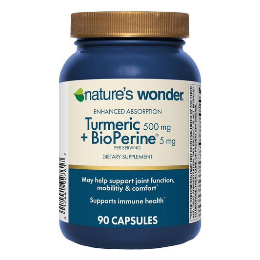 Nature's Wonder Kurkuma Komplex mit BioPerine - 500mg Kurkuma + 5mg BioPerin für Gelenkfunktion, Mobilität und Wohlbefinden, 90 vegane Kapseln