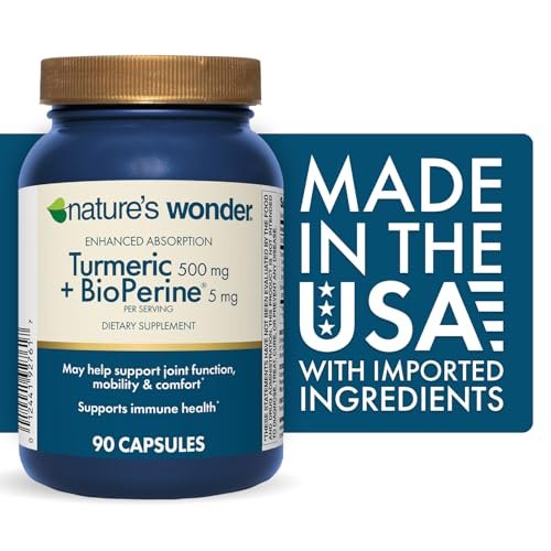 Nature's Wonder Kurkuma Komplex mit BioPerine - 500mg Kurkuma + 5mg BioPerin für Gelenkfunktion, Mobilität und Wohlbefinden, 90 vegane Kapseln