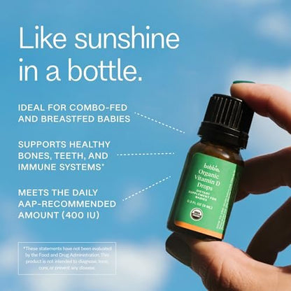Bobbie Organic Baby Vitamin D Tropfen – Tägliches flüssiges Nahrungsergänzungsmittel für Neugeborene und Kleinkinder zur Unterstützung der Entwicklung, des Immunsystems sowie starker Zähne und Knochen* – Vegan, 400 IE, 0,3 fl oz