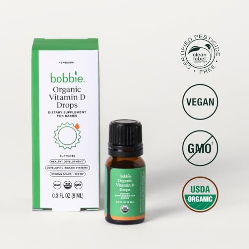 Bobbie Organic Baby Vitamin D Tropfen – Tägliches flüssiges Nahrungsergänzungsmittel für Neugeborene und Kleinkinder zur Unterstützung der Entwicklung, des Immunsystems sowie starker Zähne und Knochen* – Vegan, 400 IE, 0,3 fl oz