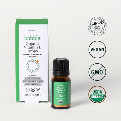 Bobbie Organic Baby Vitamin D Tropfen – Tägliches flüssiges Nahrungsergänzungsmittel für Neugeborene und Kleinkinder zur Unterstützung der Entwicklung, des Immunsystems sowie starker Zähne und Knochen* – Vegan, 400 IE, 0,3 fl oz