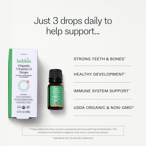 Bobbie Organic Baby Vitamin D Tropfen – Tägliches flüssiges Nahrungsergänzungsmittel für Neugeborene und Kleinkinder zur Unterstützung der Entwicklung, des Immunsystems sowie starker Zähne und Knochen* – Vegan, 400 IE, 0,3 fl oz