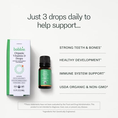 Bobbie Organic Baby Vitamin D Tropfen – Tägliches flüssiges Nahrungsergänzungsmittel für Neugeborene und Kleinkinder zur Unterstützung der Entwicklung, des Immunsystems sowie starker Zähne und Knochen* – Vegan, 400 IE, 0,3 fl oz