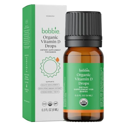 Bobbie Organic Baby Vitamin D Tropfen – Tägliches flüssiges Nahrungsergänzungsmittel für Neugeborene und Kleinkinder zur Unterstützung der Entwicklung, des Immunsystems sowie starker Zähne und Knochen* – Vegan, 400 IE, 0,3 fl oz