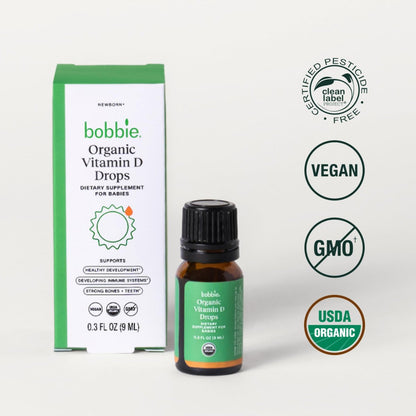 Bobbie Organic Baby Vitamin D Tropfen – Tägliches flüssiges Nahrungsergänzungsmittel für Neugeborene und Kleinkinder zur Unterstützung der Entwicklung, des Immunsystems sowie starker Zähne und Knochen* – Vegan, 400 IE, 0,3 fl oz