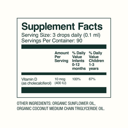 Bobbie Organic Baby Vitamin D Tropfen – Tägliches flüssiges Nahrungsergänzungsmittel für Neugeborene und Kleinkinder zur Unterstützung der Entwicklung, des Immunsystems sowie starker Zähne und Knochen* – Vegan, 400 IE, 0,3 fl oz