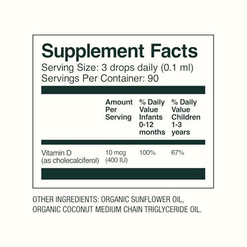 Bobbie Organic Baby Vitamin D Tropfen – Tägliches flüssiges Nahrungsergänzungsmittel für Neugeborene und Kleinkinder zur Unterstützung der Entwicklung, des Immunsystems sowie starker Zähne und Knochen* – Vegan, 400 IE, 0,3 fl oz