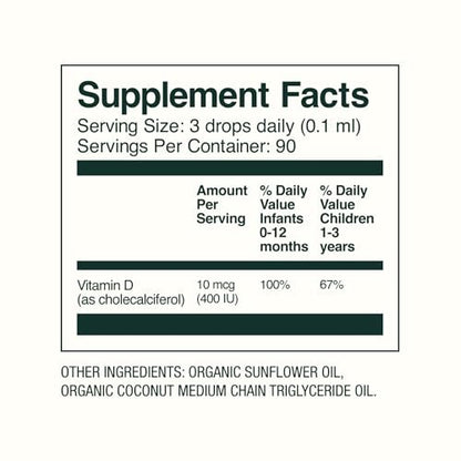 Bobbie Organic Baby Vitamin D Tropfen – Tägliches flüssiges Nahrungsergänzungsmittel für Neugeborene und Kleinkinder zur Unterstützung der Entwicklung, des Immunsystems sowie starker Zähne und Knochen* – Vegan, 400 IE, 0,3 fl oz