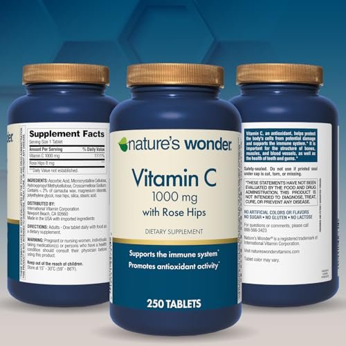 Nature's Wonder Vitamin C 1000 mg mit Hagebutten-Tabletten für die Immununterstützung, 250 Portionen, 250 Stück