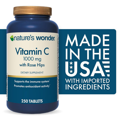 Nature's Wonder Vitamin C 1000 mg mit Hagebutten-Tabletten für die Immununterstützung, 250 Portionen, 250 Stück