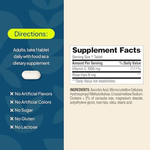 Nature's Wonder Vitamin C 1000 mg mit Hagebutten-Tabletten für die Immununterstützung, 250 Portionen, 250 Stück