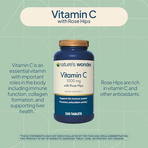 Nature's Wonder Vitamin C 1000 mg mit Hagebutten-Tabletten für die Immununterstützung, 250 Portionen, 250 Stück