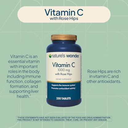 Nature's Wonder Vitamin C 1000 mg mit Hagebutten-Tabletten für die Immununterstützung, 250 Portionen, 250 Stück