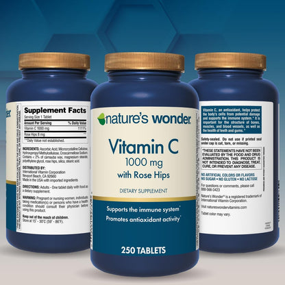 Nature's Wonder Vitamin C 1000 mg mit Hagebutten-Tabletten für die Immununterstützung, 250 Portionen, 250 Stück
