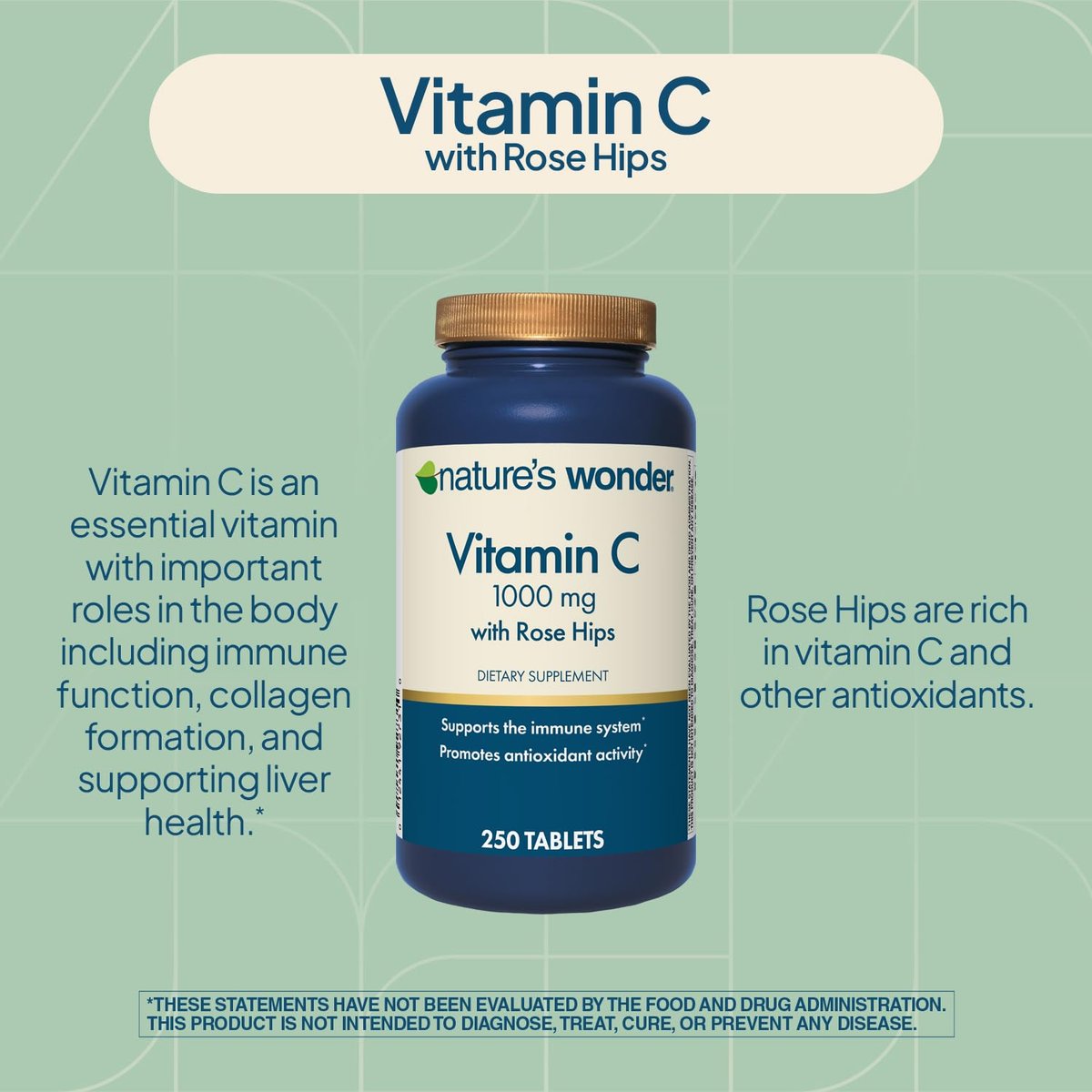 Nature's Wonder Vitamin C 1000 mg mit Hagebutten-Tabletten für die Immununterstützung, 250 Portionen, 250 Stück