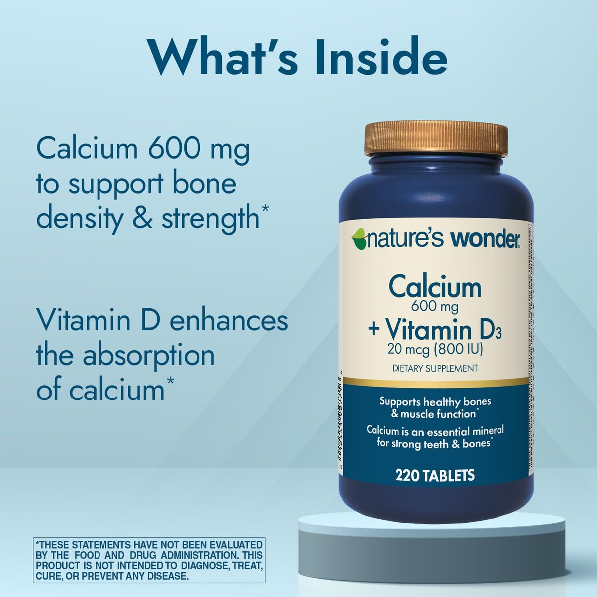 Nature's Wonder Calcium 600 mg mit Vitamin D3 20 mcg für Knochengesundheit, 220 Tabletten