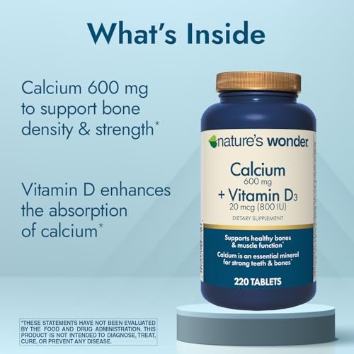 Nature's Wonder Calcium 600 mg mit Vitamin D3 20 mcg für Knochengesundheit, 220 Tabletten