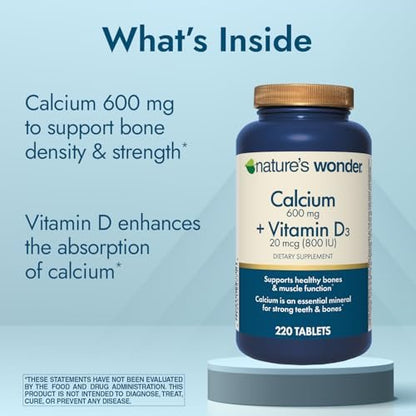 Nature's Wonder Calcium 600 mg mit Vitamin D3 20 mcg für Knochengesundheit, 220 Tabletten