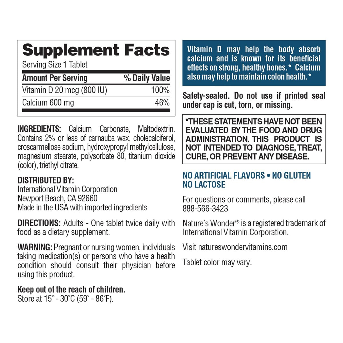Nature's Wonder Calcium 600 mg mit Vitamin D3 20 mcg für Knochengesundheit, 220 Tabletten