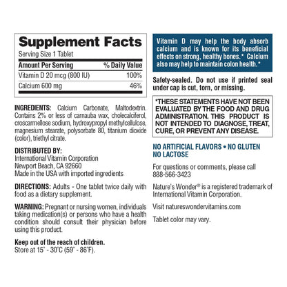 Nature's Wonder Calcium 600 mg mit Vitamin D3 20 mcg für Knochengesundheit, 220 Tabletten