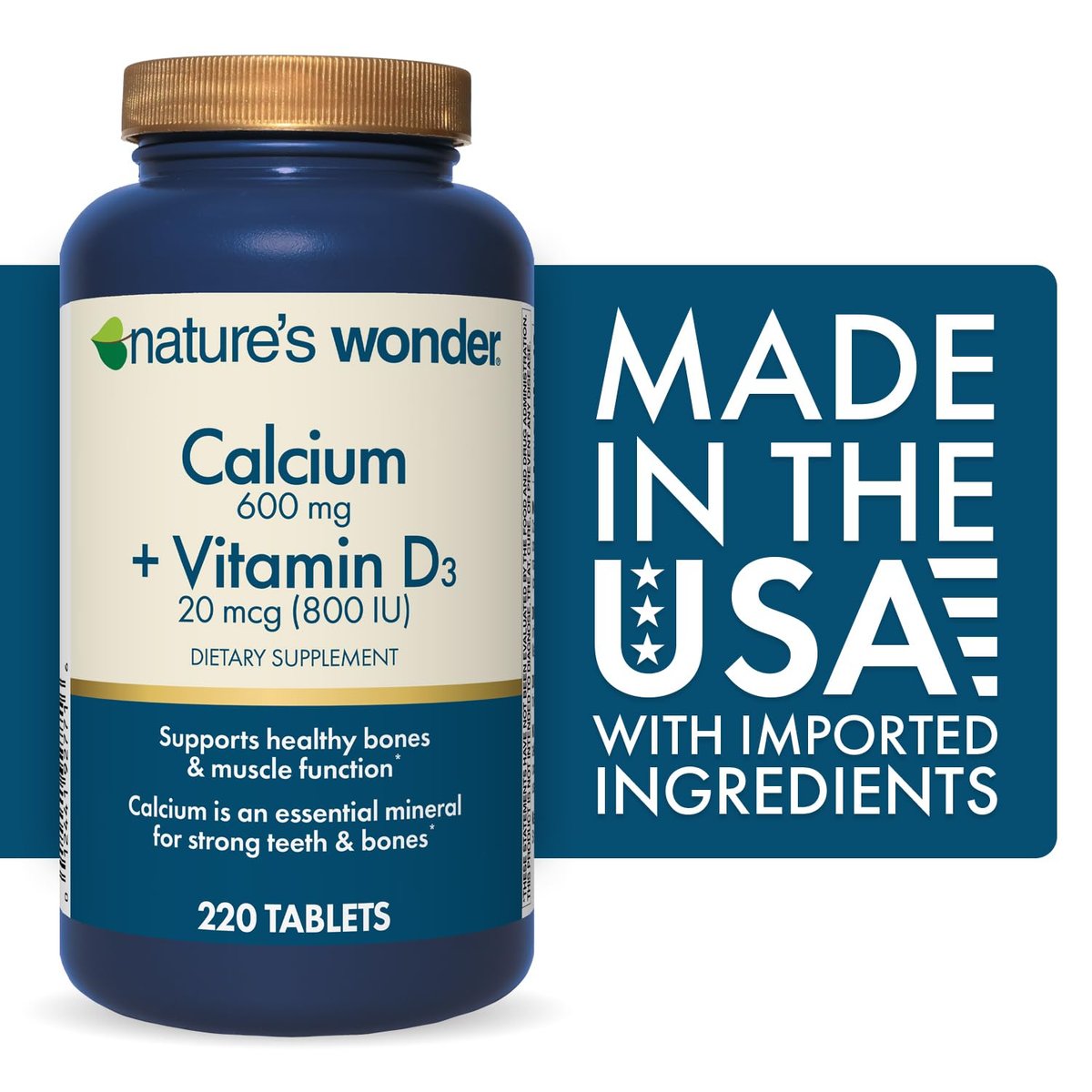 Nature's Wonder Calcium 600 mg mit Vitamin D3 20 mcg für Knochengesundheit, 220 Tabletten