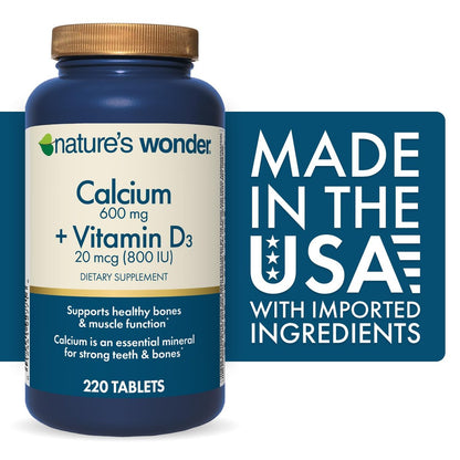 Nature's Wonder Calcium 600 mg mit Vitamin D3 20 mcg für Knochengesundheit, 220 Tabletten