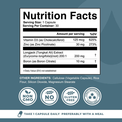 Boron Komplex für Männer mit Tongkat Ali – Vitamin D3, Zink Picolinat 30mg, Longjack Tongkat Ali – Borcitrat 10mg für Männergesundheit – Non GMO, Glutenfrei, Ohne Allergene – 30 Kapseln