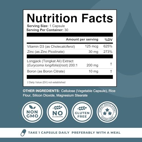 Boron Komplex für Männer mit Tongkat Ali – Vitamin D3, Zink Picolinat 30mg, Longjack Tongkat Ali – Borcitrat 10mg für Männergesundheit – Non GMO, Glutenfrei, Ohne Allergene – 30 Kapseln