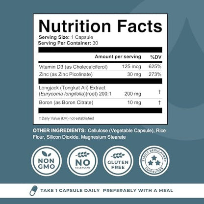 Boron Komplex für Männer mit Tongkat Ali – Vitamin D3, Zink Picolinat 30mg, Longjack Tongkat Ali – Borcitrat 10mg für Männergesundheit – Non GMO, Glutenfrei, Ohne Allergene – 30 Kapseln