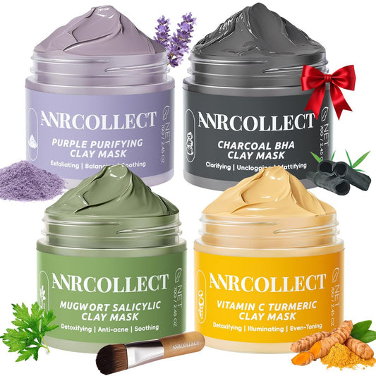 ANRCOLLECT 4er-Set Tonmasken (280g Gesamt) - Vitamin C Kurkuma, Aktivkohle BHA, Beifuß Salicylsäure & Lila Tonerde - Tiefenreinigung, Ölkontrolle & Mitesserentfernung - Hautpflege-Geschenkset