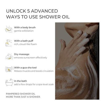 NOUGAT Pampered Shower Oil – Verwöhnendes Duschöl für die tägliche Baderoutine, Öl-zu-Milch-Reiniger für Make-up und Sonnenschutz, feuchtigkeitsspendende pflanzliche Körperwäsche für trockene Haut, exotischer Duft, 372 g