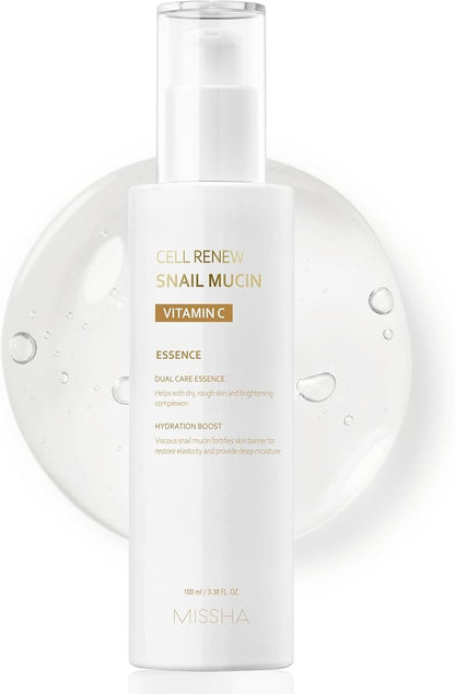 MISSHA Cell Renew Snail Mucin Vitamin C Essence Serum – 3,38 Fl Oz – Hydrierendes koreanisches Serum für Glass Skin, verbessert Hauttextur und Teint