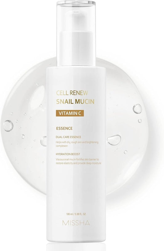 MISSHA Cell Renew Snail Mucin Vitamin C Essence Serum – 3,38 Fl Oz – Hydrierendes koreanisches Serum für Glass Skin, verbessert Hauttextur und Teint