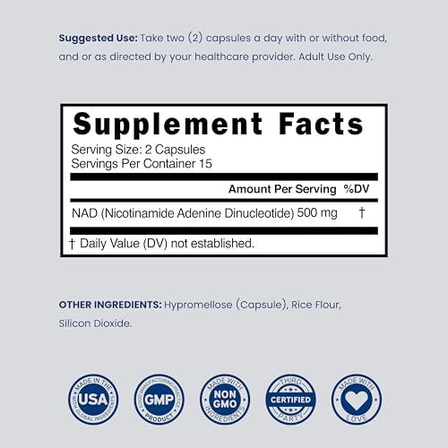 NAD+ Supplement 500mg – 95% reines NAD+ pro Portion | NMN & Nicotinamid-Ribosid Unterstützung | Vegan, Non-GMO, Ohne Füllstoffe, Laborgeprüft – 30 Kapseln