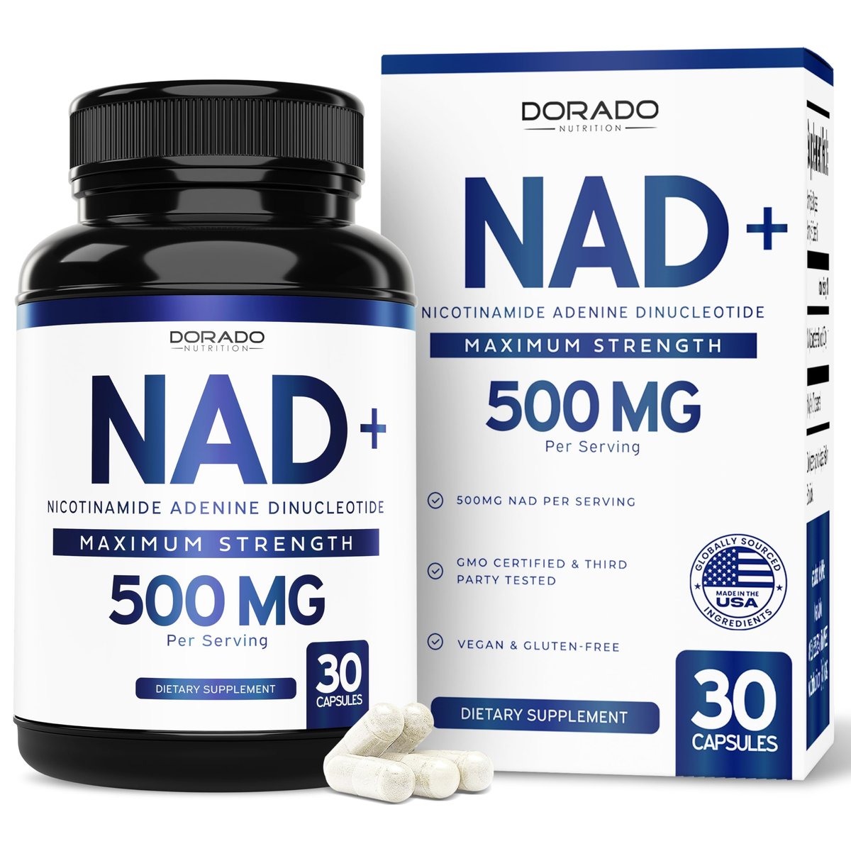 NAD+ Supplement 500mg – 95% reines NAD+ pro Portion | NMN & Nicotinamid-Ribosid Unterstützung | Vegan, Non-GMO, Ohne Füllstoffe, Laborgeprüft – 30 Kapseln
