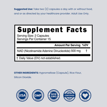 NAD+ Supplement 500mg – 95% reines NAD+ pro Portion | NMN & Nicotinamid-Ribosid Unterstützung | Vegan, Non-GMO, Ohne Füllstoffe, Laborgeprüft – 30 Kapseln