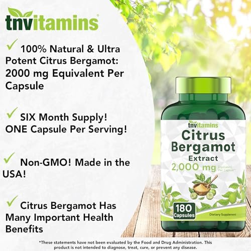 tnvitamins Citrus Bergamot 2000 mg – 180 Kapseln | Hochdosiertes Citrus-Bergamotte-Präparat mit 2000 mg pro Kapsel | 6-Monats-Vorrat! | Non-GMO | Hergestellt in den USA