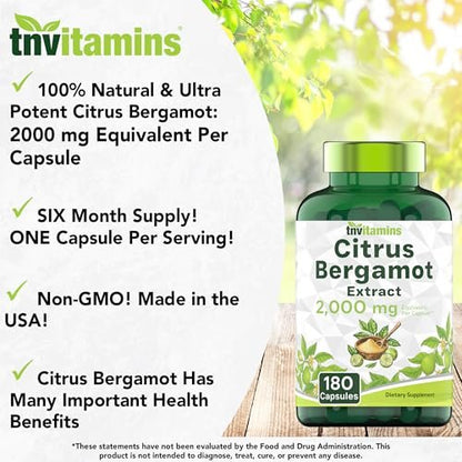 tnvitamins Citrus Bergamot 2000 mg – 180 Kapseln | Hochdosiertes Citrus-Bergamotte-Präparat mit 2000 mg pro Kapsel | 6-Monats-Vorrat! | Non-GMO | Hergestellt in den USA