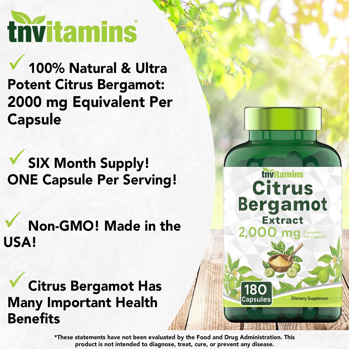 tnvitamins Citrus Bergamot 2000 mg – 180 Kapseln | Hochdosiertes Citrus-Bergamotte-Präparat mit 2000 mg pro Kapsel | 6-Monats-Vorrat! | Non-GMO | Hergestellt in den USA