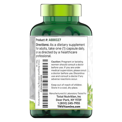 tnvitamins Citrus Bergamot 2000 mg – 180 Kapseln | Hochdosiertes Citrus-Bergamotte-Präparat mit 2000 mg pro Kapsel | 6-Monats-Vorrat! | Non-GMO | Hergestellt in den USA