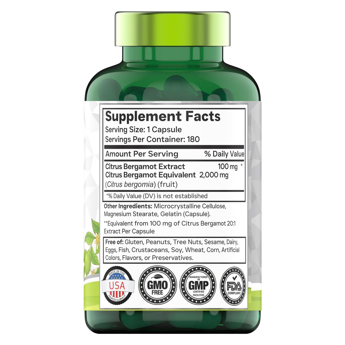 tnvitamins Citrus Bergamot 2000 mg – 180 Kapseln | Hochdosiertes Citrus-Bergamotte-Präparat mit 2000 mg pro Kapsel | 6-Monats-Vorrat! | Non-GMO | Hergestellt in den USA