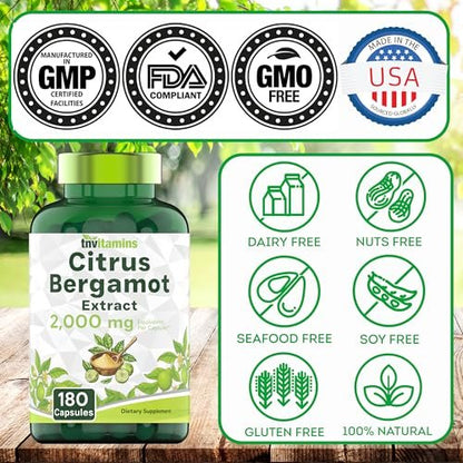 tnvitamins Citrus Bergamot 2000 mg – 180 Kapseln | Hochdosiertes Citrus-Bergamotte-Präparat mit 2000 mg pro Kapsel | 6-Monats-Vorrat! | Non-GMO | Hergestellt in den USA